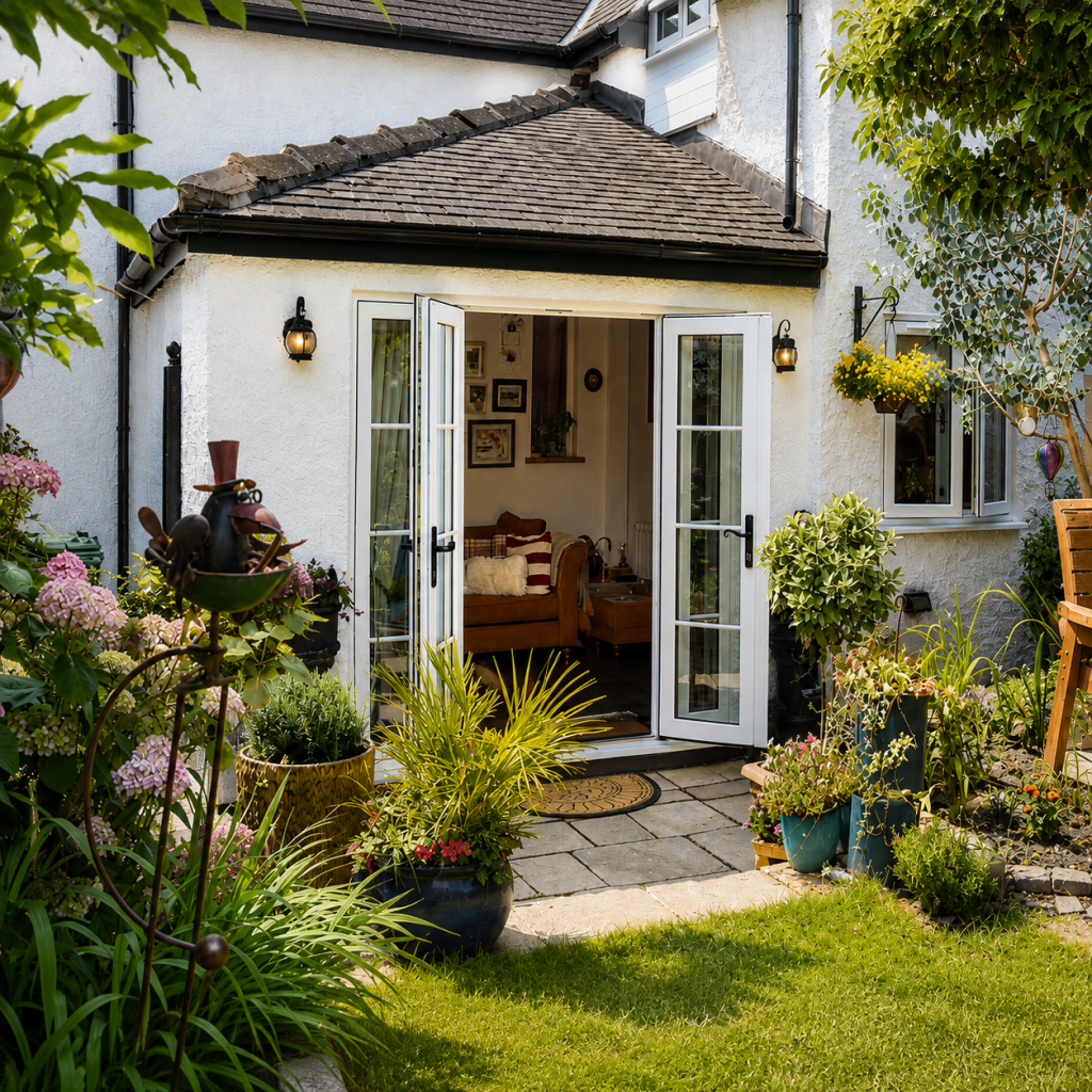 White French doors opening onto a cottage garden.