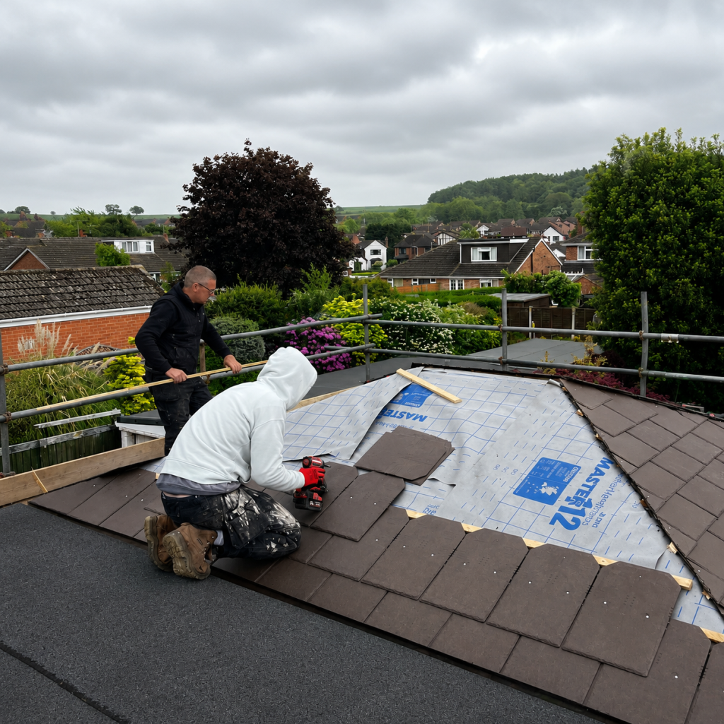 Roofers installing a new tiled conservatory roof with insulation and roofing membrane on a residential property.
