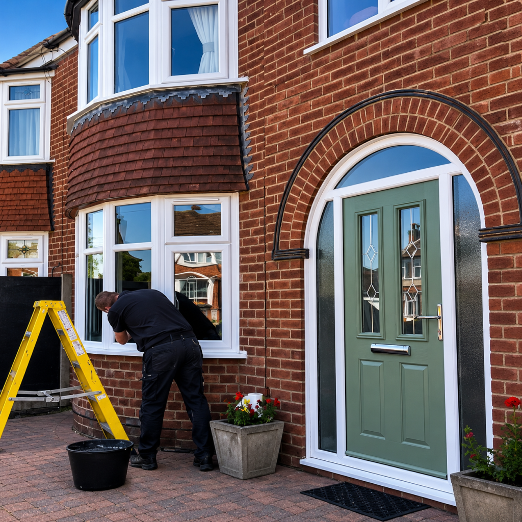 White replacement windows and composite front door on a brick home during installation.