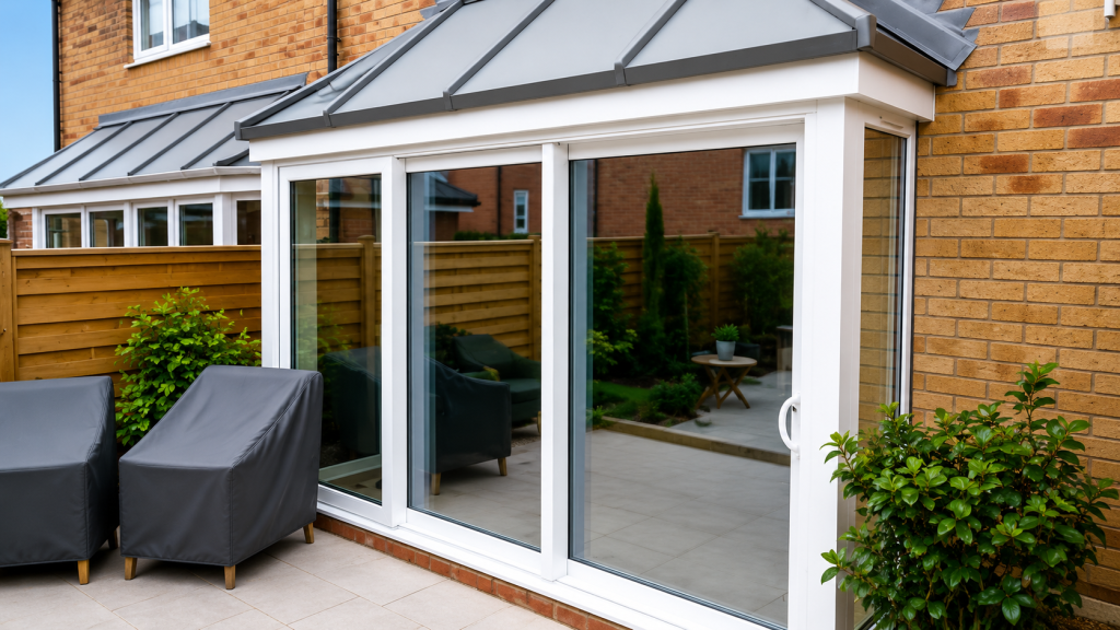 White uPVC patio sliding doors opening onto a modern garden patio, providing excellent natural light, smooth operation and energy-efficient performance for a contemporary home.