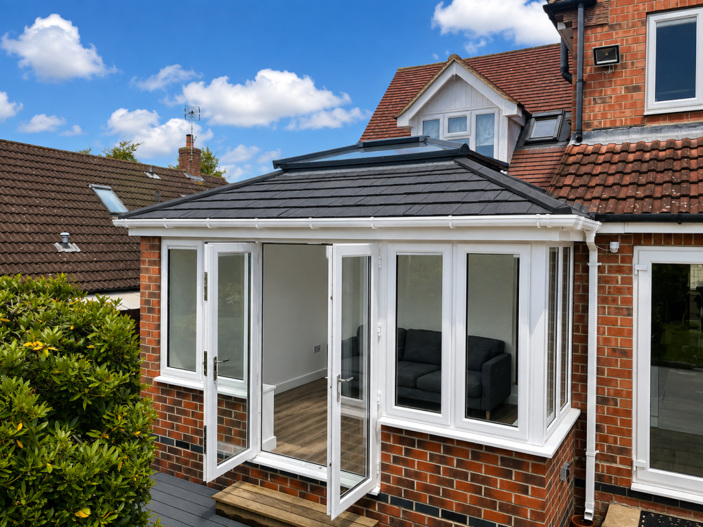 Contemporary brick orangery with a tiled roof, glazed roof lantern, white uPVC French doors and energy-efficient windows, creating a bright, comfortable living space, professionally installed by Abbey & Burton Glass in Derbyshire.