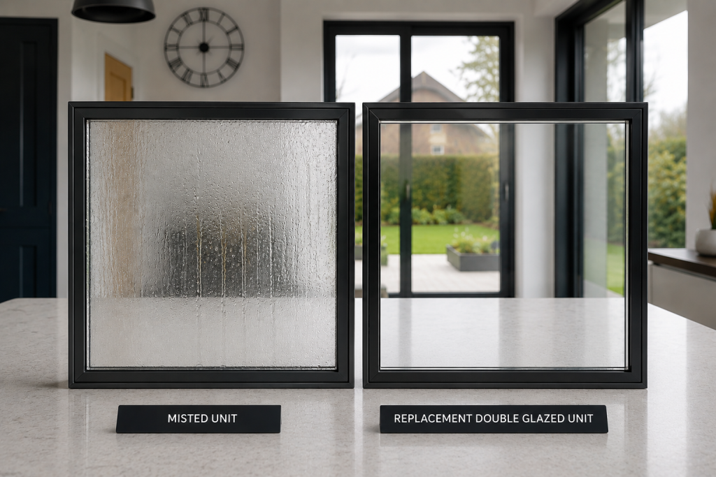 Side-by-side comparison of two identical black-framed double glazed units in a modern home, showing a failed misted unit with condensation alongside a clear replacement double glazed unit to demonstrate the difference in visibility and performance.