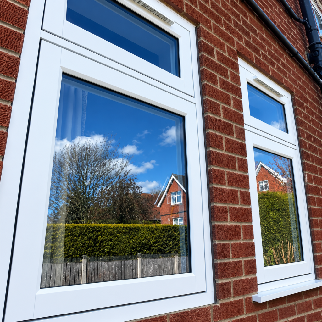 Flush Fit uPVC windows installed in a red brick house, with clean white frames and reflective glazing.