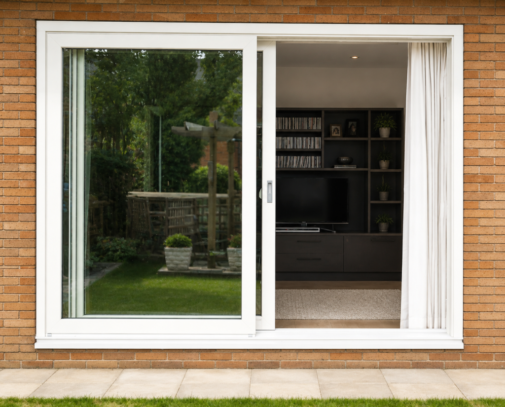 White uPVC sliding patio doors opening onto a landscaped garden, creating a bright, modern living space with seamless indoor-outdoor access.