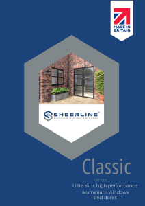 Sheerline Classic range aluminium windows and doors brochure cover featuring black-framed aluminium doors and windows, with Made in Britain branding.