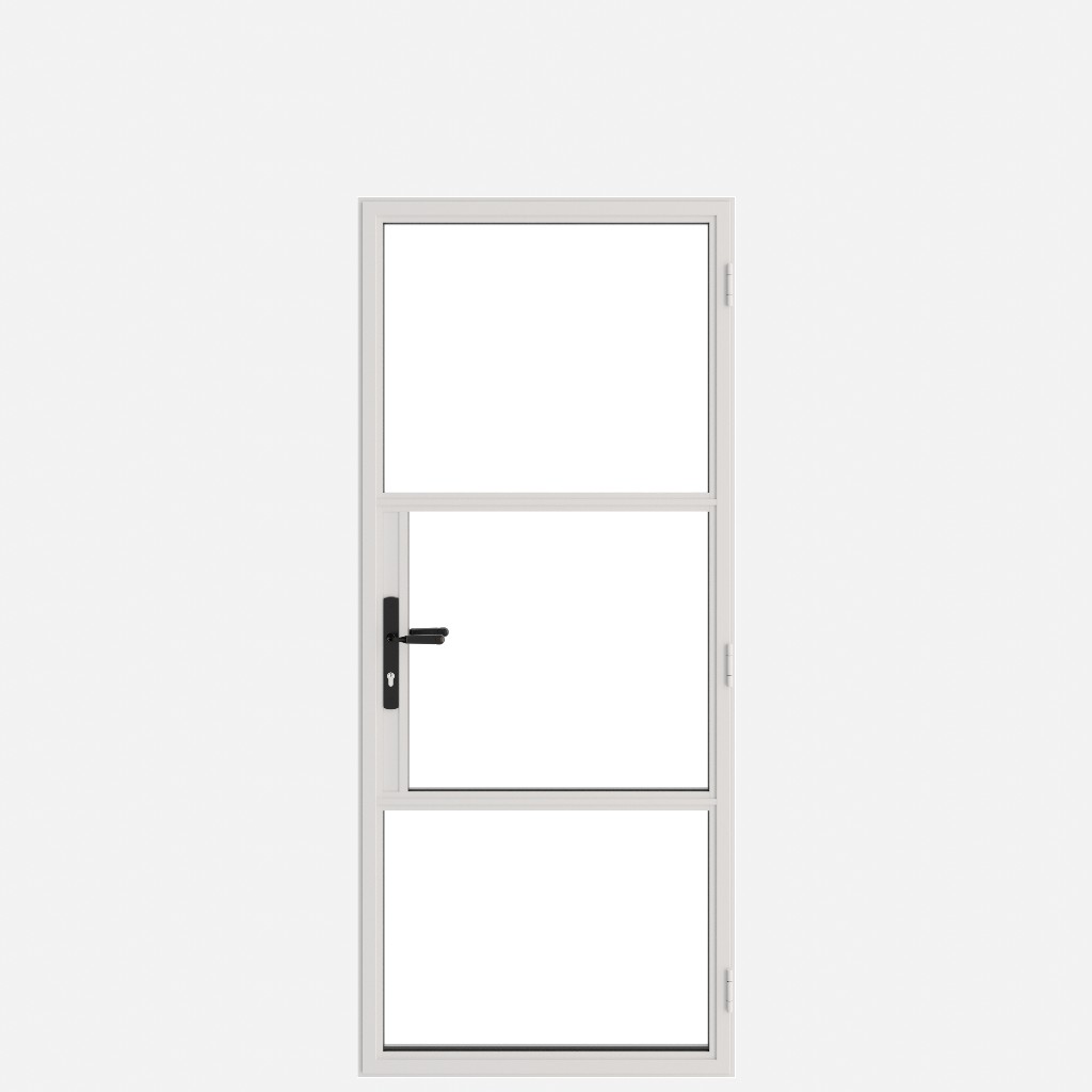 White Classic Heritage door with five glazed panels and black lever handle.