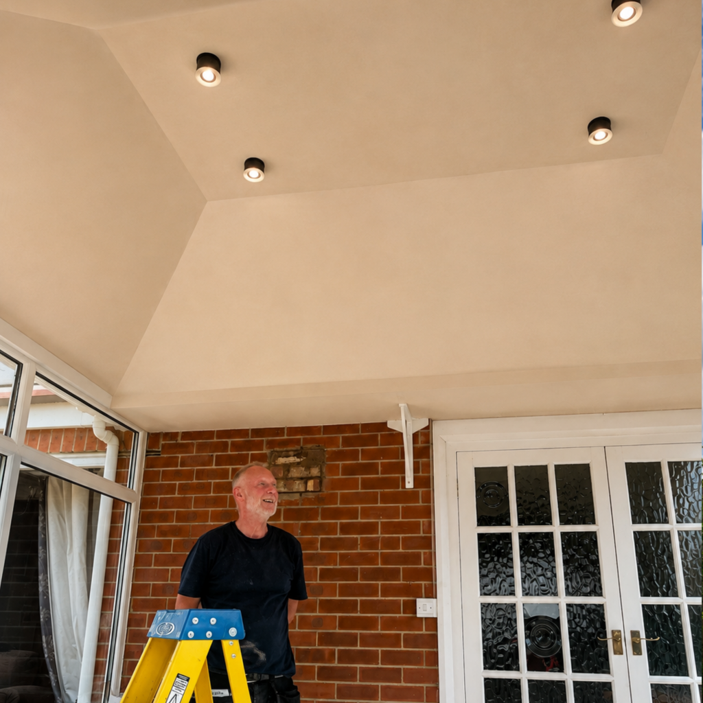 Warm conservatory roof with plastered internal finish and integrated recessed spotlights