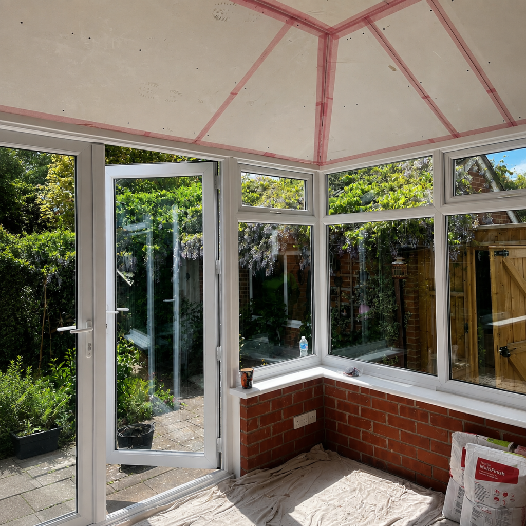 Conservatory interior during renovation with existing roof, white-framed windows, brick walls and protective floor covering.