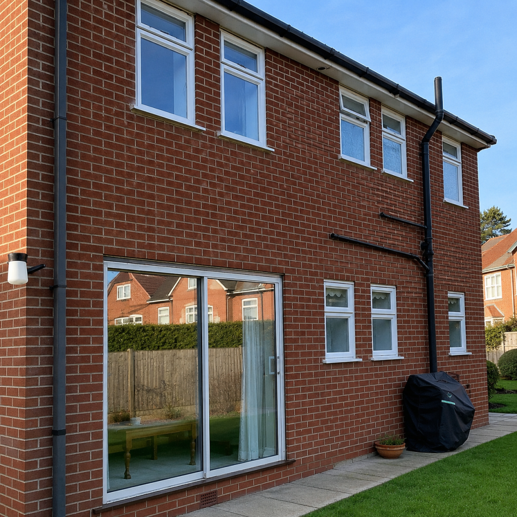 Red brick house with white windows and sliding patio doors leading to a landscaped garden.