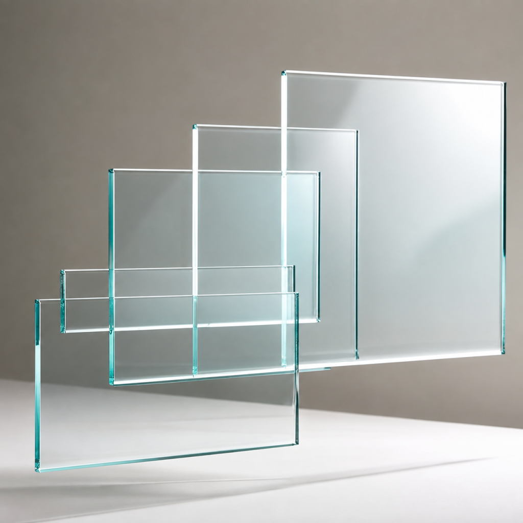 Clear glass panels arranged in a modern layered display, showcasing transparent glazing with subtle blue-green edges.