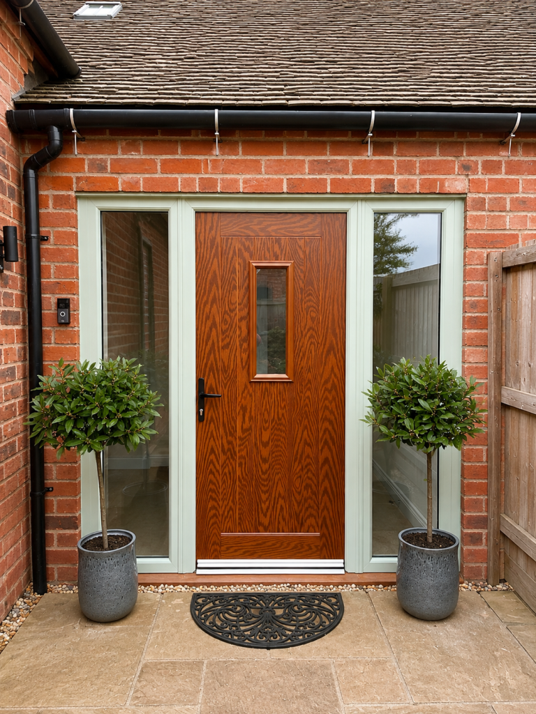 English oak composite front door with woodgrain finish, narrow glazed panel and matching side lights, framed by red brickwork with two decorative potted trees.