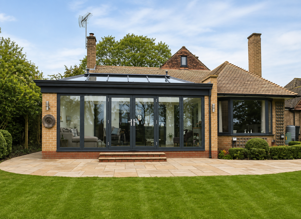 Modern brick orangery with anthracite grey aluminium bifold doors, a glazed roof lantern and slimline frames, creating a bright open-plan living space, professionally installed by Abbey & Burton Glass in Derbyshire.