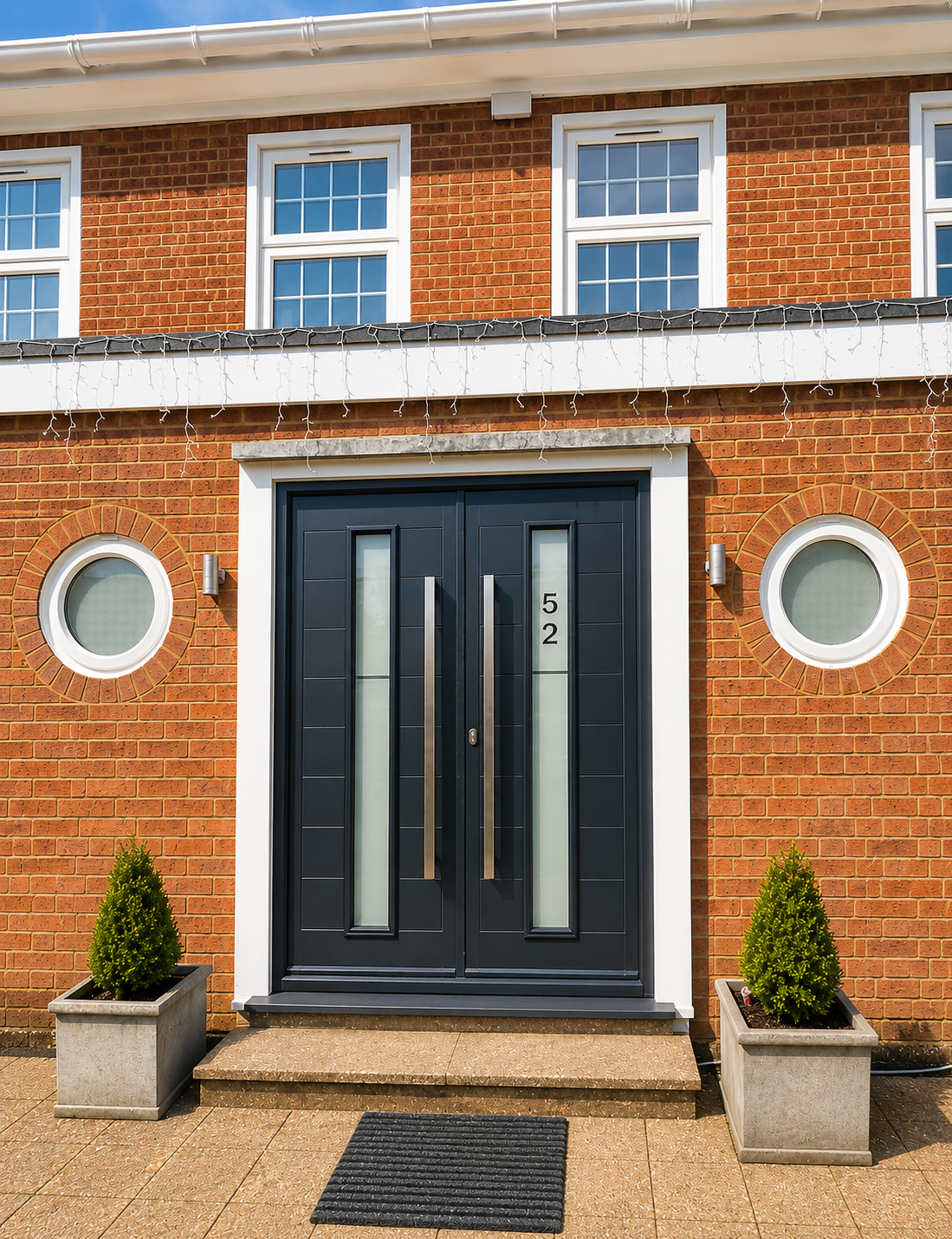 Modern anthracite grey composite double entrance doors with frosted glazed panels and stainless steel pull handles, installed on a red brick home with circular feature windows and matching planters.