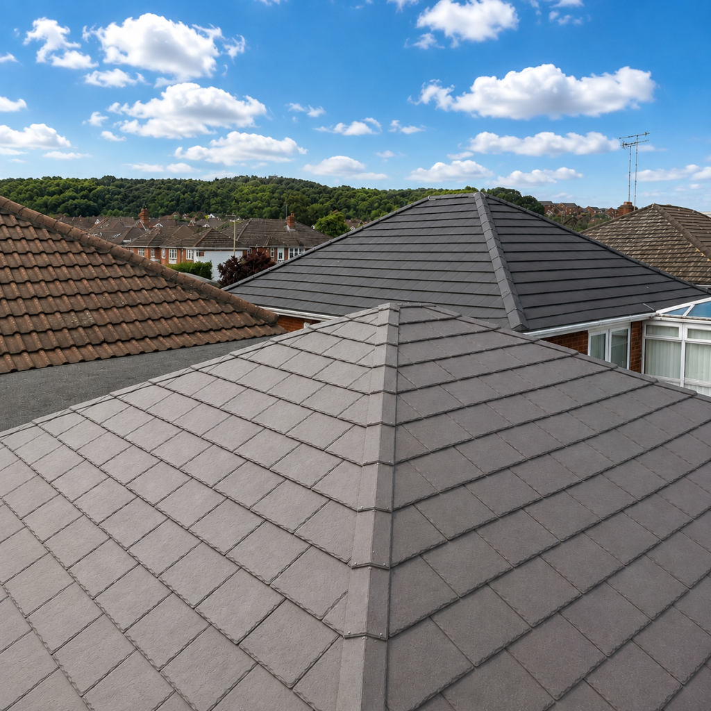 New tiled warm roof installed on a conservatory, with matching roof tiles and clean finishing.
