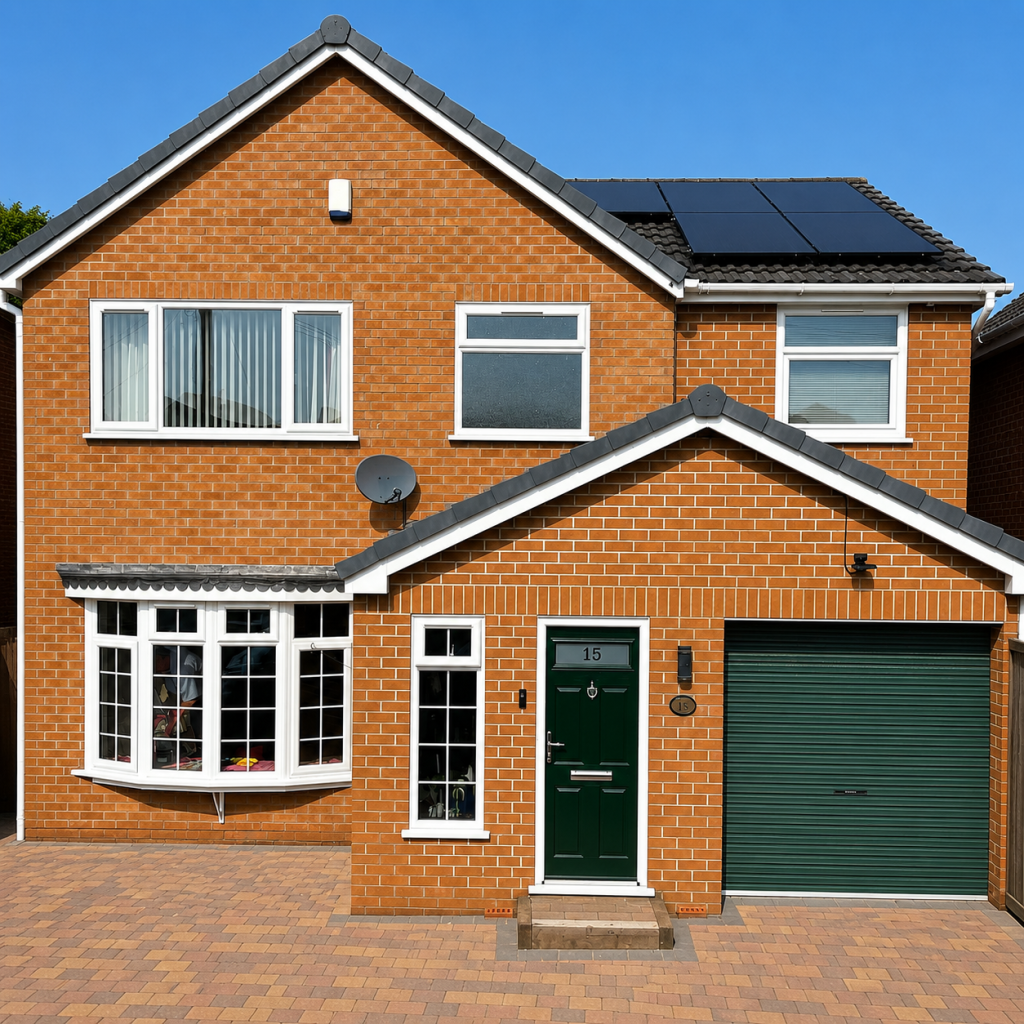 Green front door and white bay window on a red-brick home