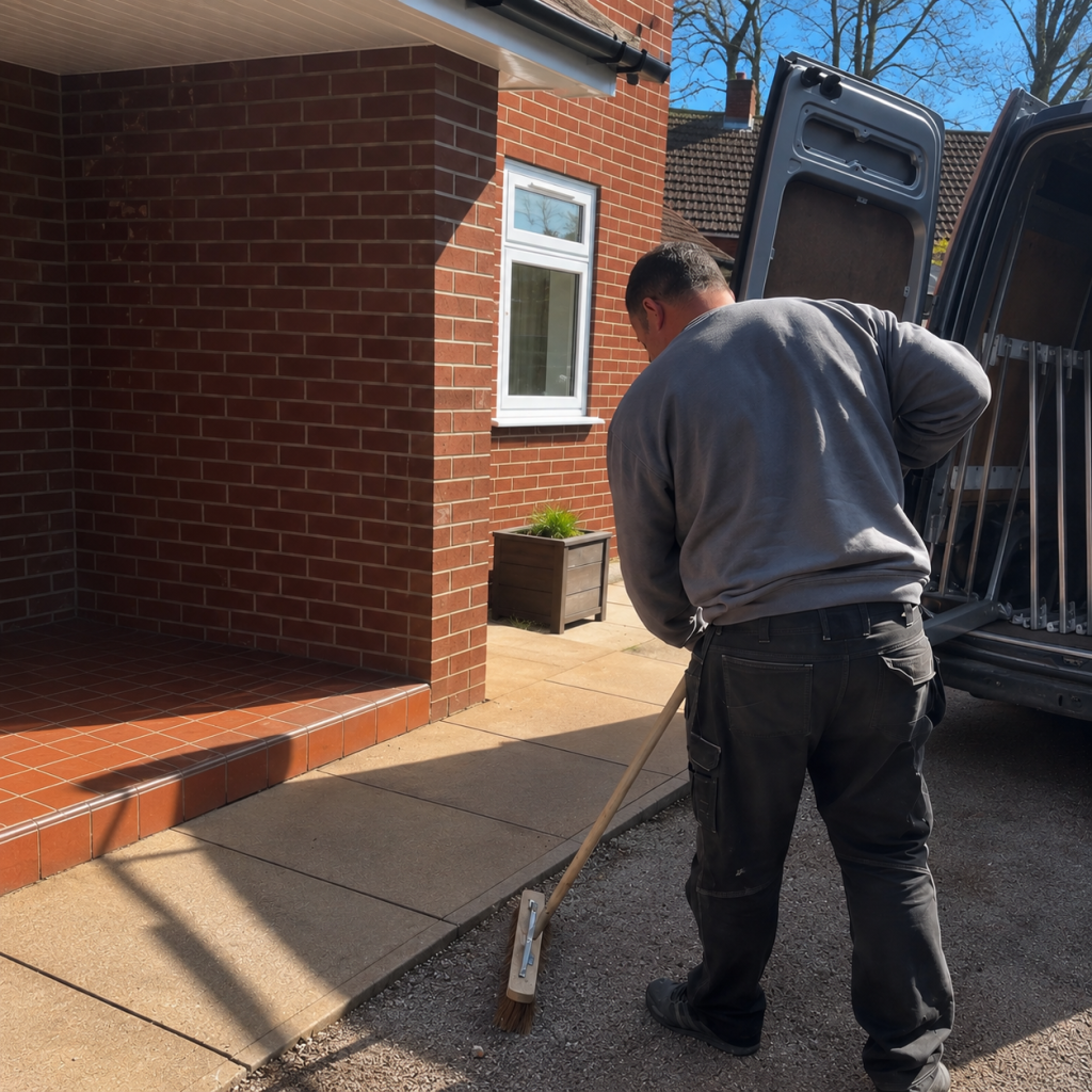 Worker sweeping a residential driveway beside a red brick home and open work van.