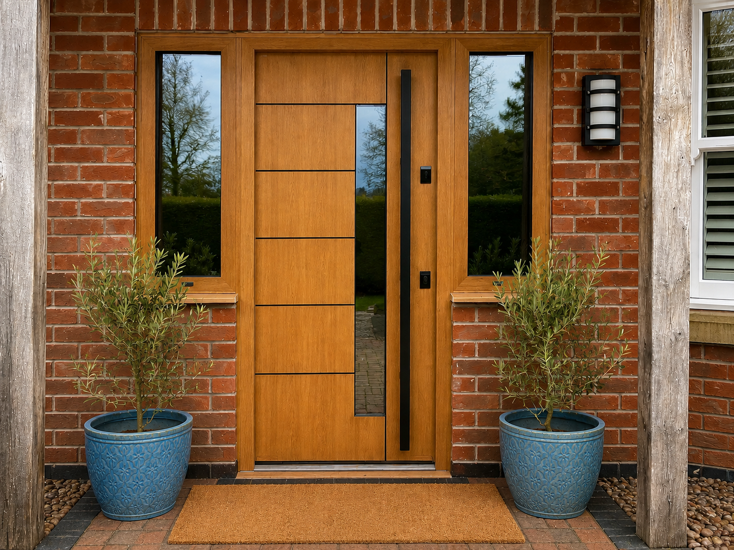 Contemporary oak-effect aluminium front door with black feature glazing, matching side panels and a long black pull handle, set within a red brick entrance with potted olive trees.