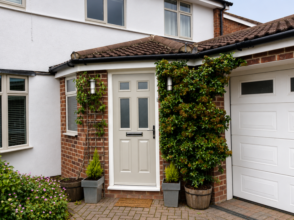 Light grey composite front door with two vertical frosted glazed panels, set within a red brick porch with matching side windows, climbing greenery and potted plants, creating a welcoming entrance.