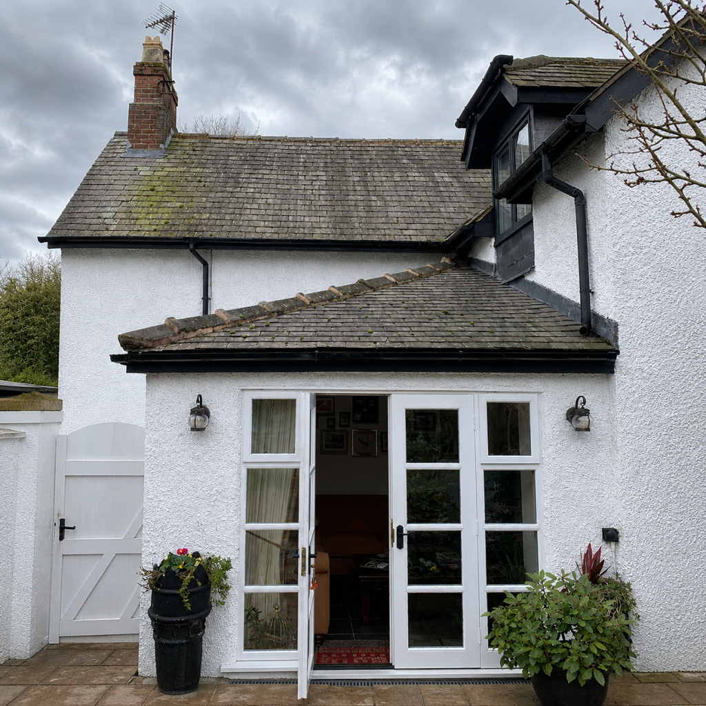 White cottage with traditional tiled roof and white French doors opening onto a patio.