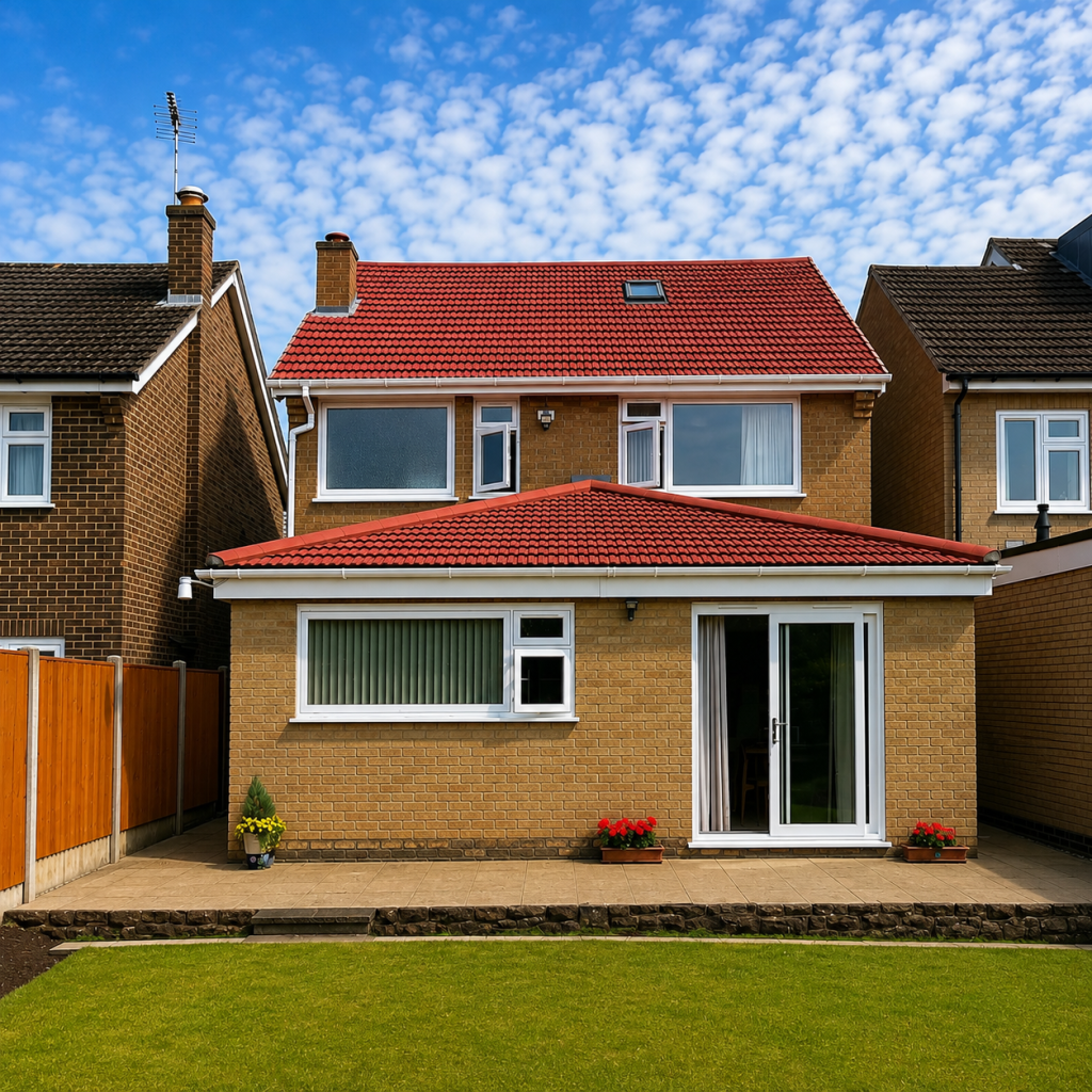 Rear extension with white uPVC windows and French doors beneath a red tiled roof.