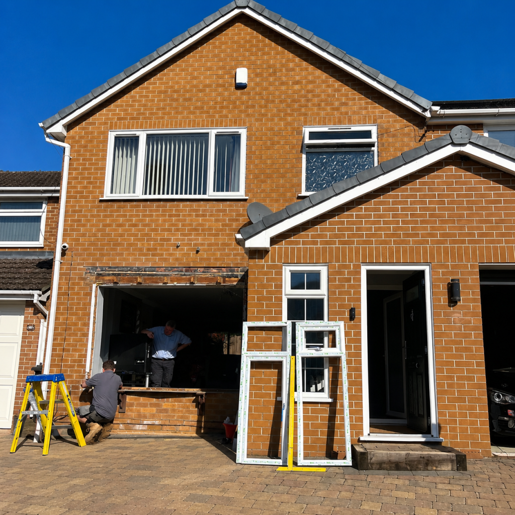 Classic UPVC window and door installation underway at a brick house.