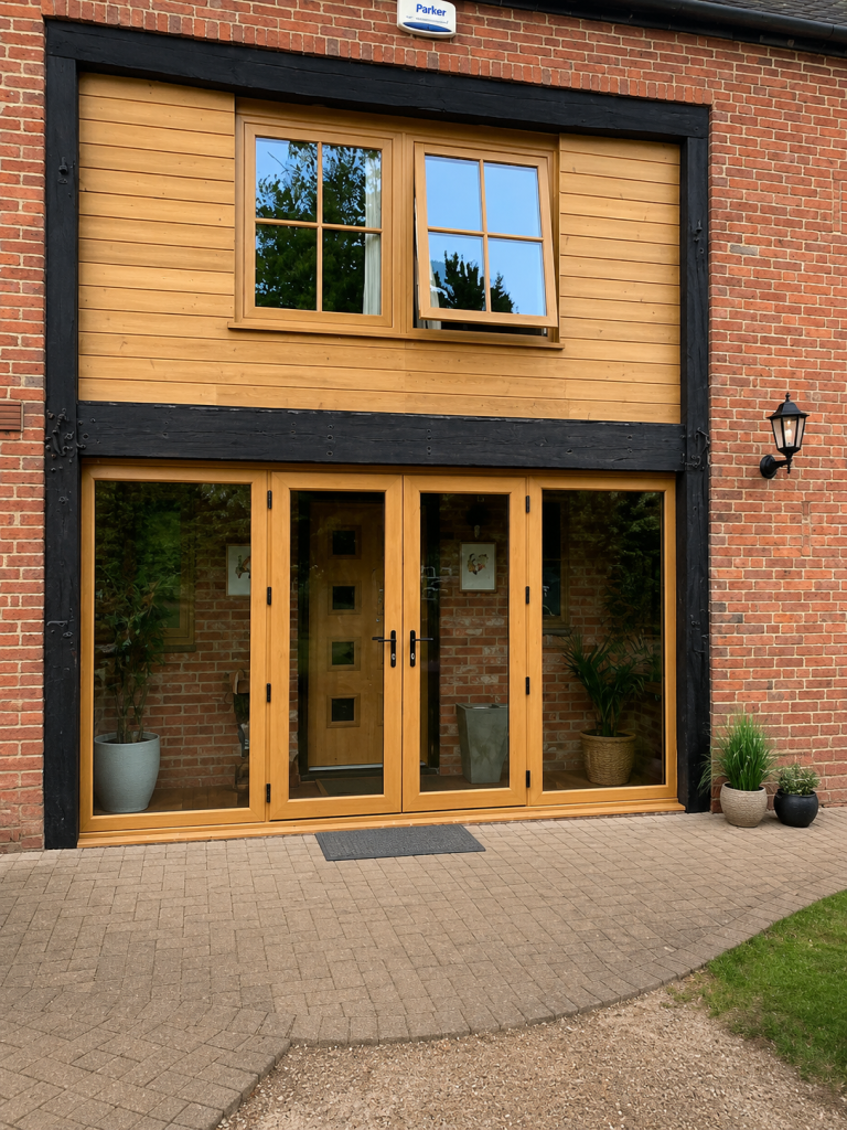Traditional timber French doors with matching side panels installed in a character brick home, providing elegant garden access and maximising natural light.