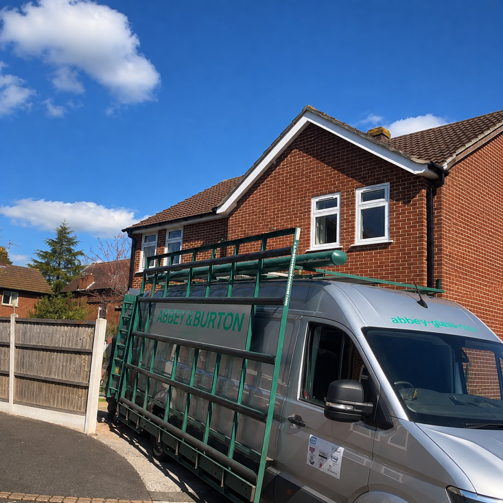 Abbey & Burton Glass van with green glass racks parked outside a red brick house.