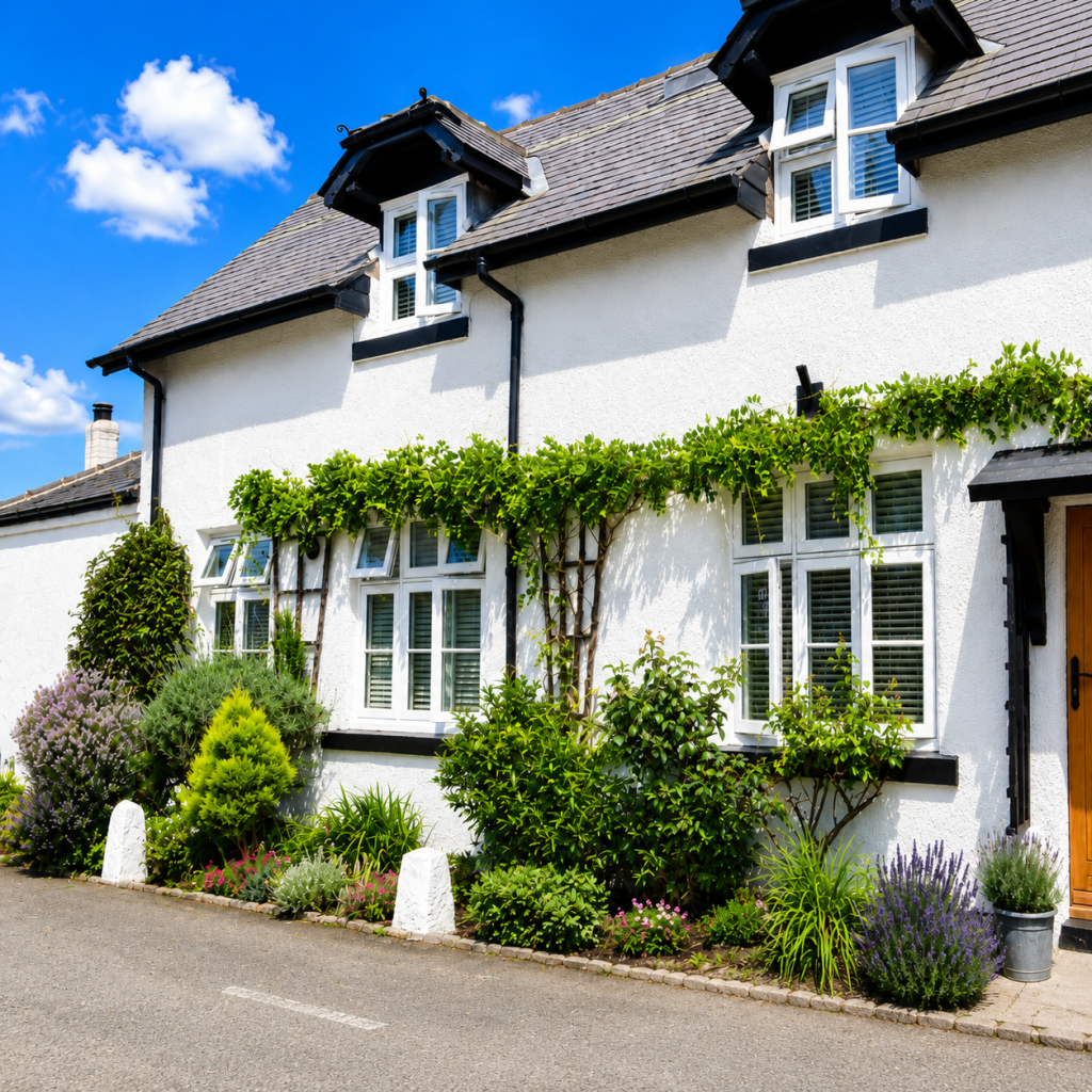 White cottage with flush fit windows and lush cottage garden.