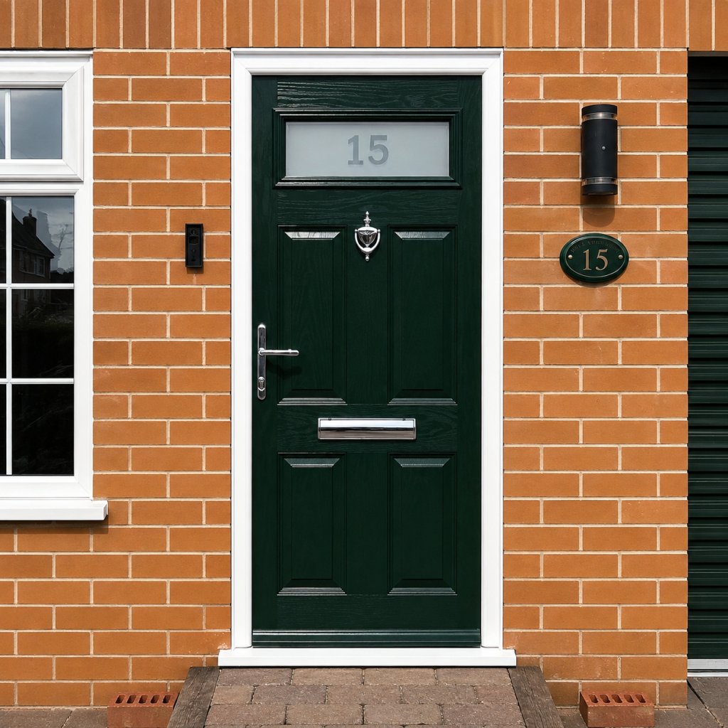Dark green composite front door with white frame and chrome hardware.