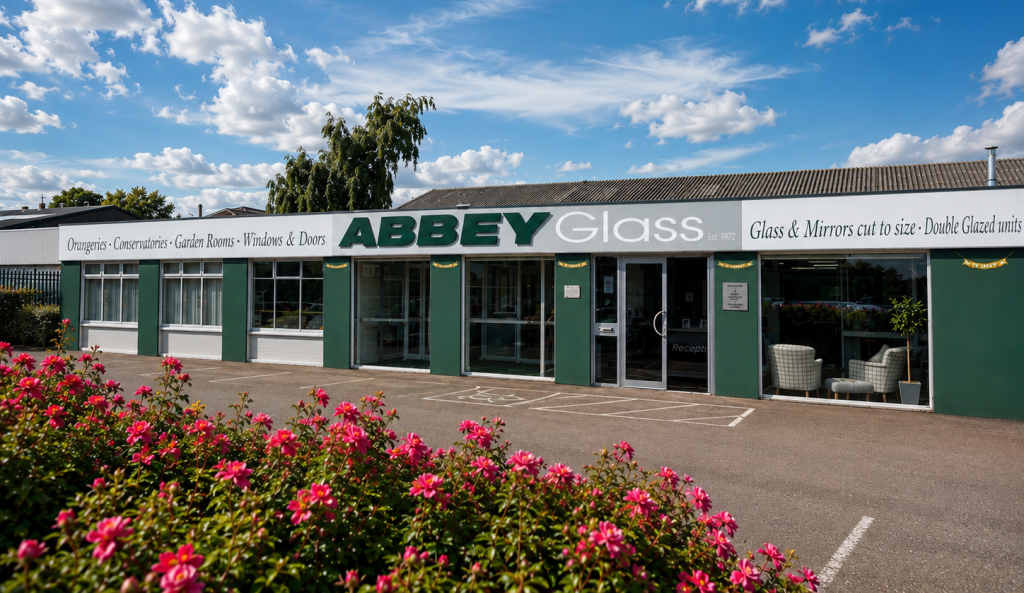 Front exterior of the Abbey & Burton Glass Derby showroom, featuring the company storefront, entrance, customer parking, and landscaped flowers under a bright blue sky.