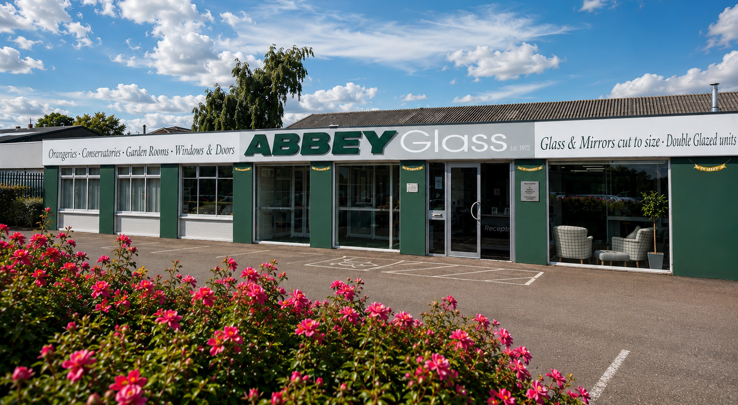 Front exterior of the Abbey & Burton Glass Derby showroom, featuring the company storefront, entrance, customer parking, and landscaped flowers under a bright blue sky.