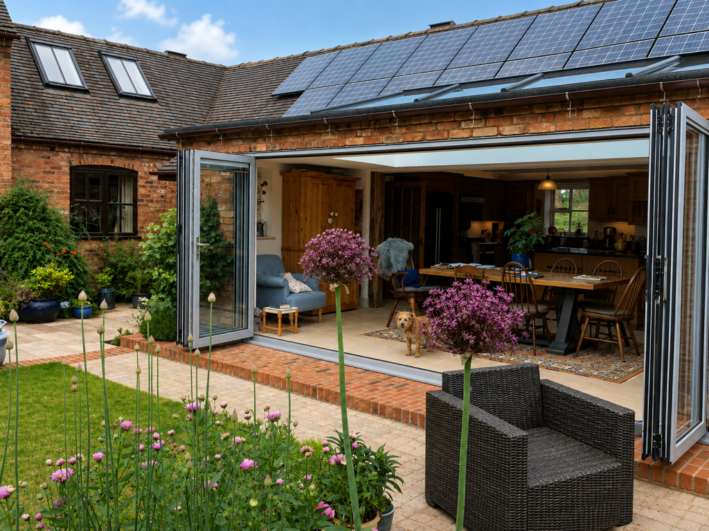 Grey aluminium bifold doors fully opened to create a seamless connection between the kitchen and garden, with a landscaped patio, colourful flower beds and a traditional brick home featuring roof-mounted solar panels.