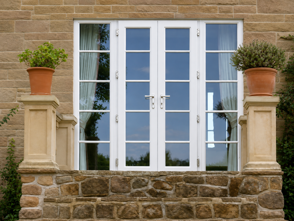 White uPVC French doors with glazed side panels, installed in a traditional stone-built home with decorative stone pillars and potted plants.
