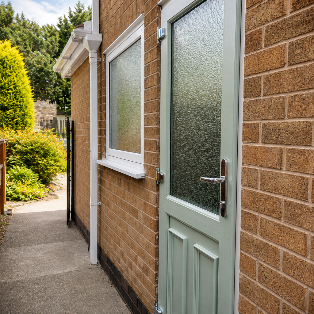 Sage green composite side door with frosted glass and chrome hardware beside a matching frosted glass window.