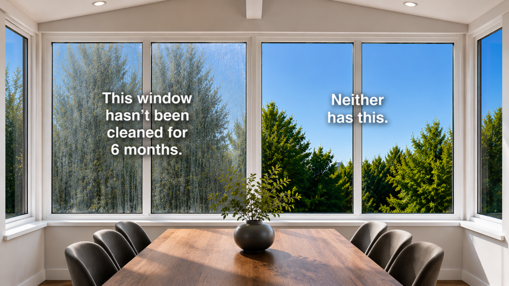 Self-cleaning glass demonstration showing the difference between a dirty window and self-cleaning glazing, highlighting clearer views, reduced maintenance and improved natural light.