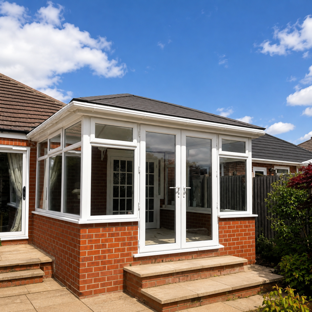 Warm roof conservatory roof replacement with tiled roof and white frames