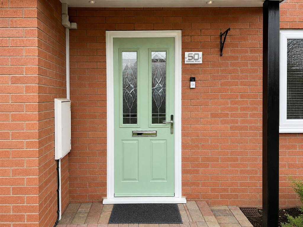 Light green composite front door with decorative frosted glazed panels, chrome handle and letterbox, set within a white frame on a modern red brick home