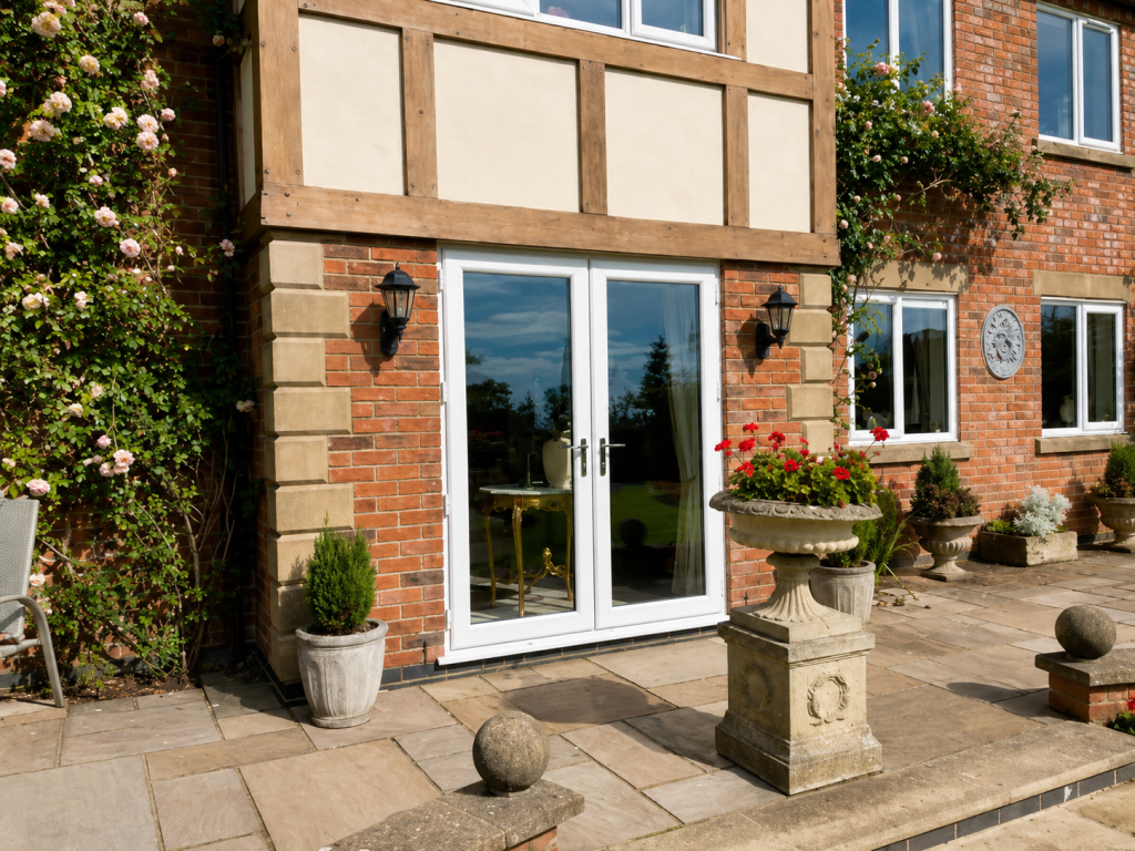 Modern anthracite aluminium patio doors with a glazed Juliet balcony, installed on a contemporary white rendered home with floor-to-ceiling windows.