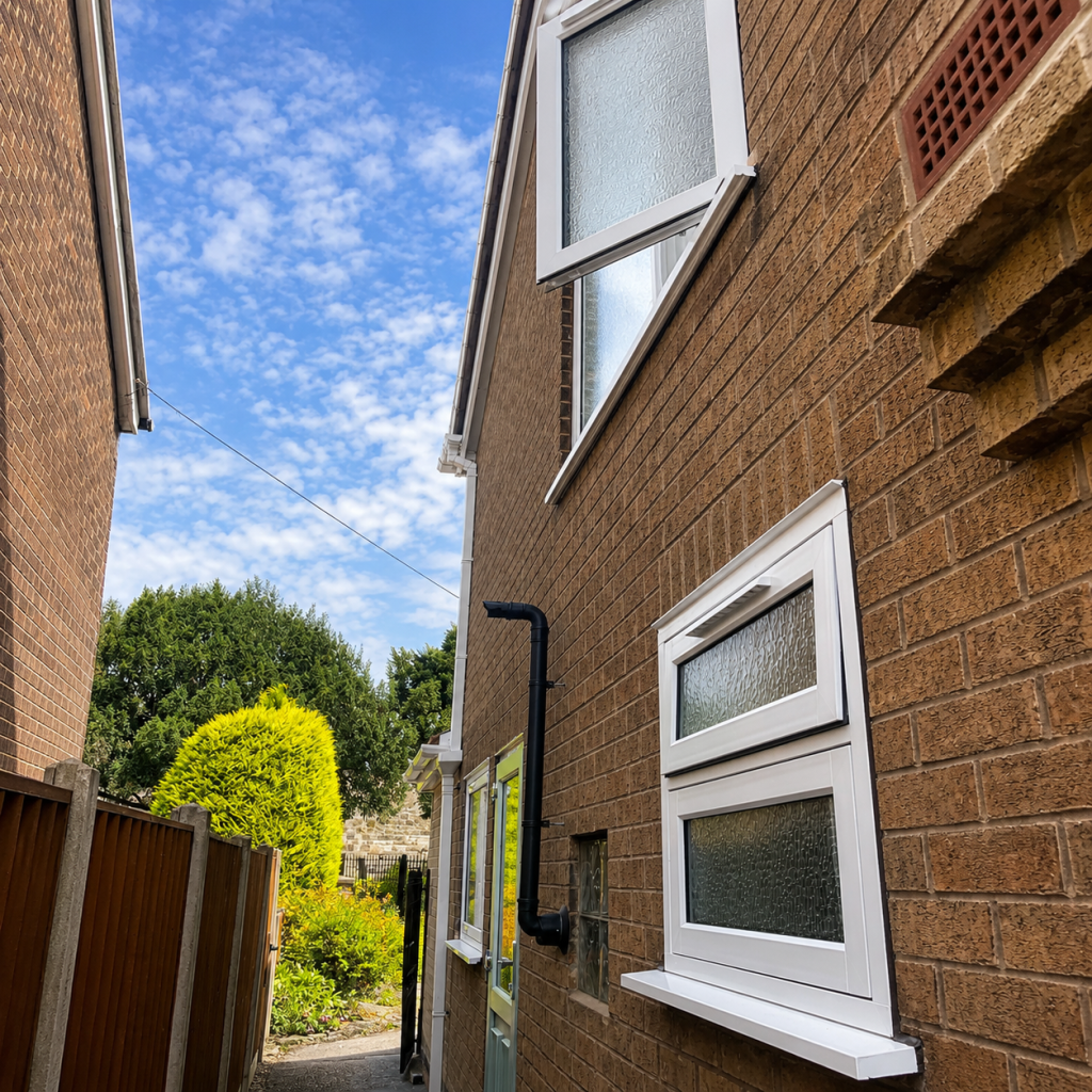 White uPVC windows with textured glass fitted to a brick exterior, viewed along a narrow side passage with a garden beyond.