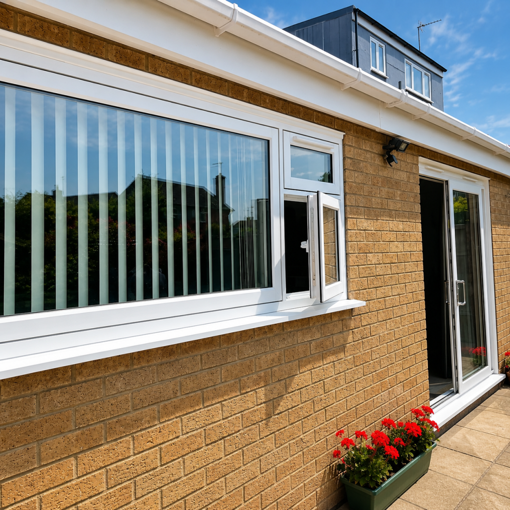 White PVCu windows and doors installed on a brick home extension, with a large glazed window and open casement window.