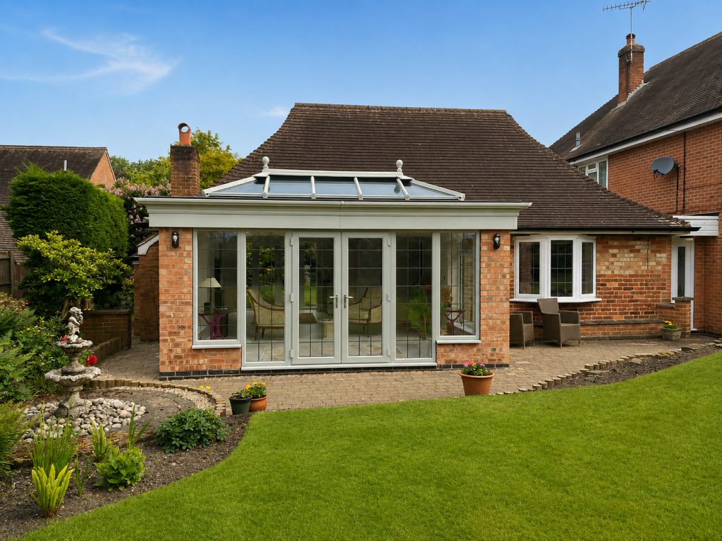 Contemporary orangery with a glazed roof lantern, slimline aluminium French doors and large glazed side panels, professionally installed by Abbey & Burton Glass to create a bright, stylish living space in Derbyshire.