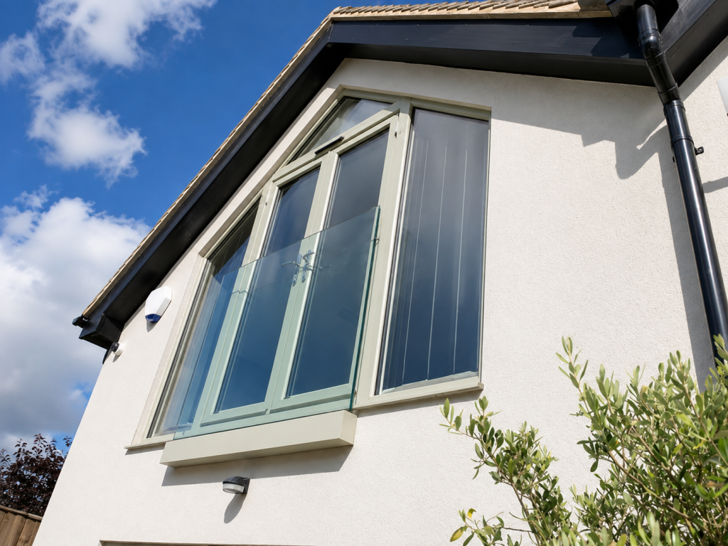 Modern anthracite aluminium patio doors with a glazed Juliet balcony, installed on a contemporary white rendered home with floor-to-ceiling windows.