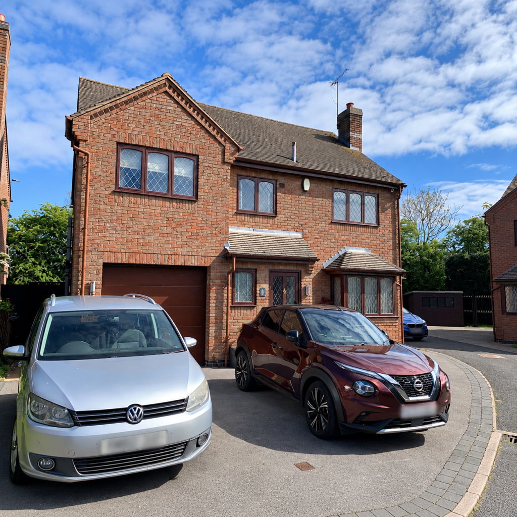 Brick detached house with brown-framed leaded windows, matching front door and garage, with a clean paved driveway and planted pots.