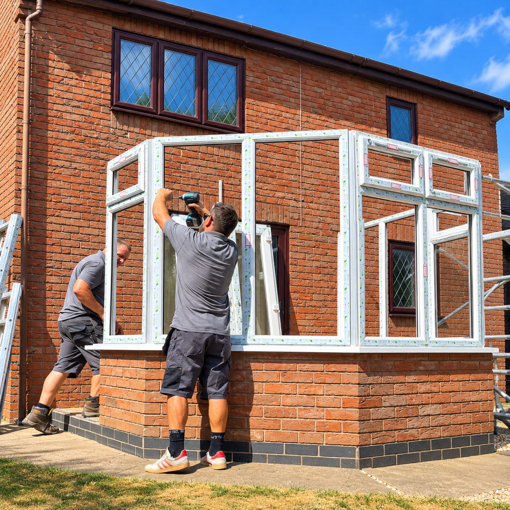 Two installers fitting new white uPVC conservatory frames onto a brick base during construction.