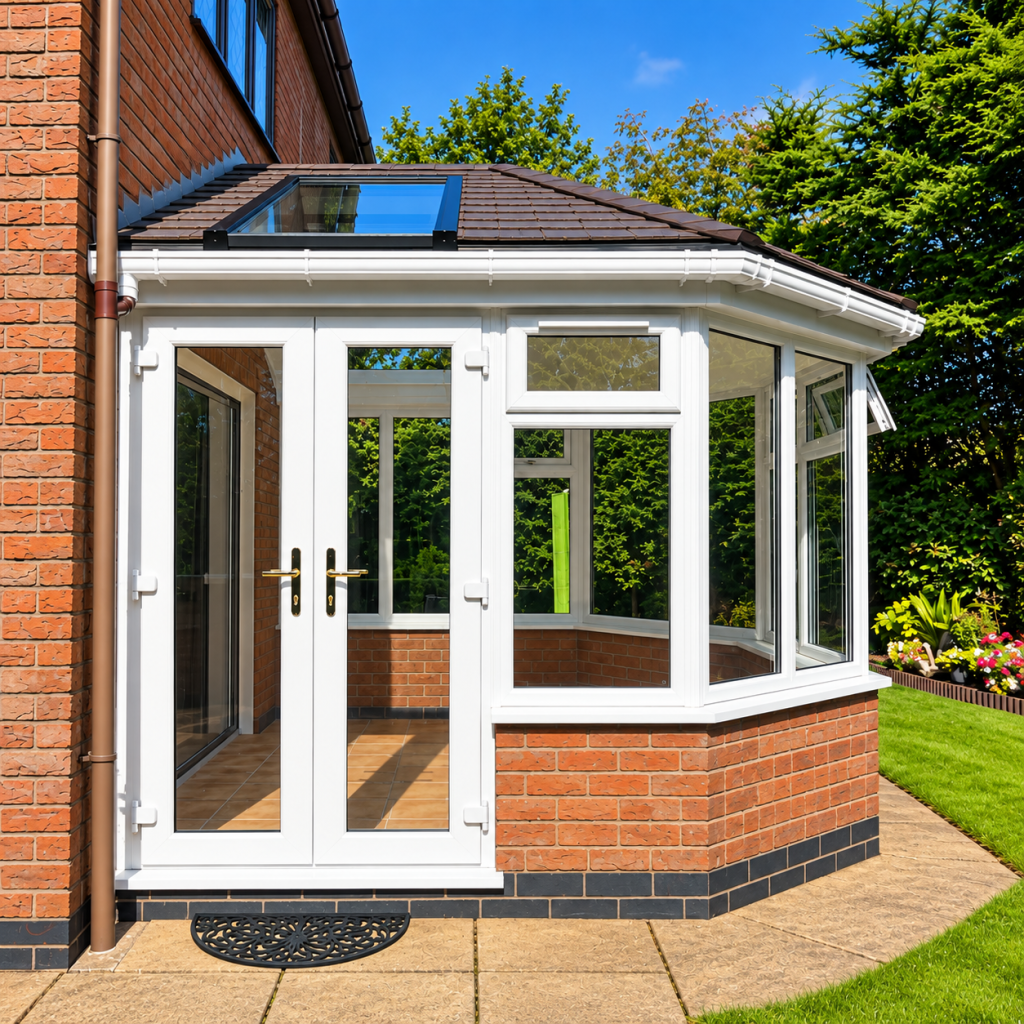 Finished white uPVC conservatory with French doors, brick base, tiled warm roof and rooflight on a red-brick home.
