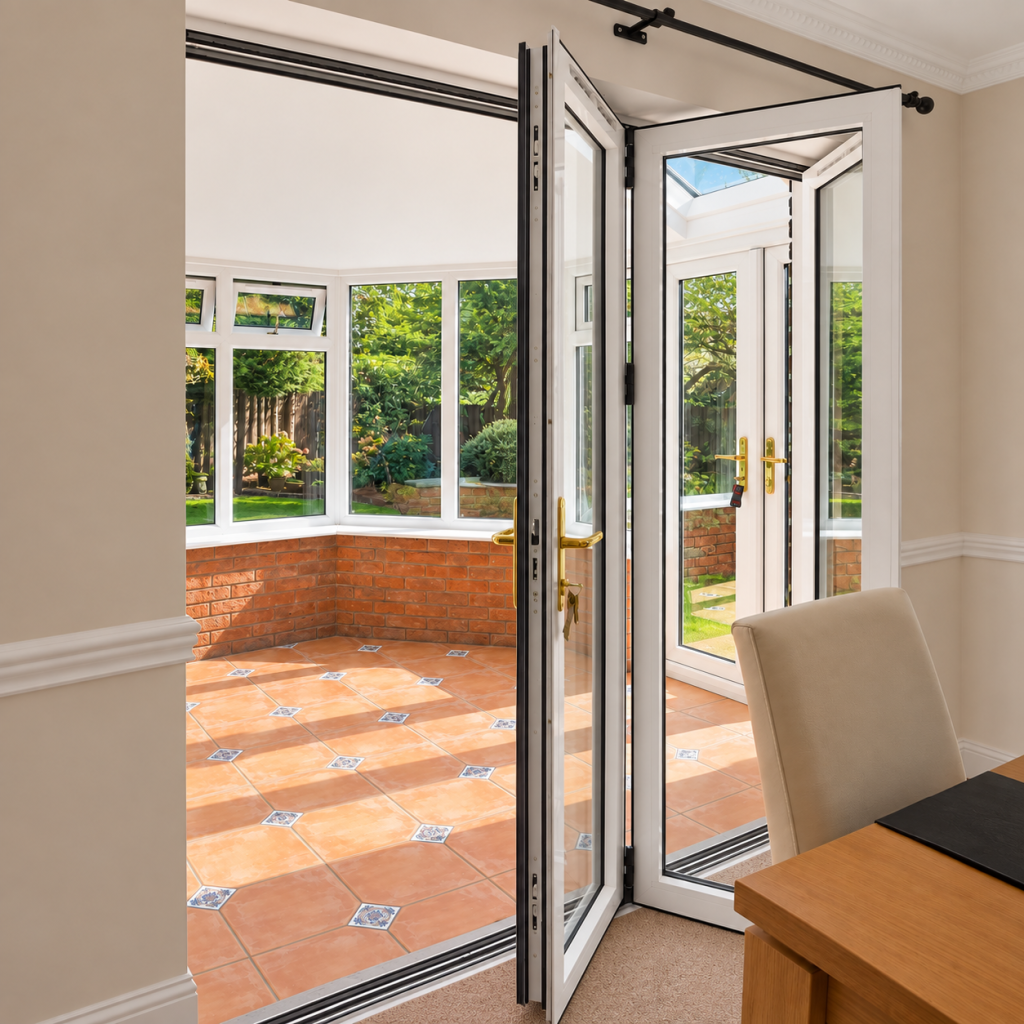 Open white bi-fold doors leading from a dining room into a bright conservatory with terracotta tiled flooring, brick dwarf walls and garden views.