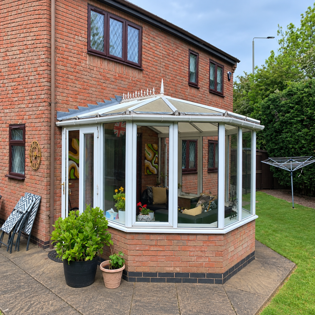 Old white uPVC conservatory with polycarbonate roof before transformation into a thermally efficient garden room.