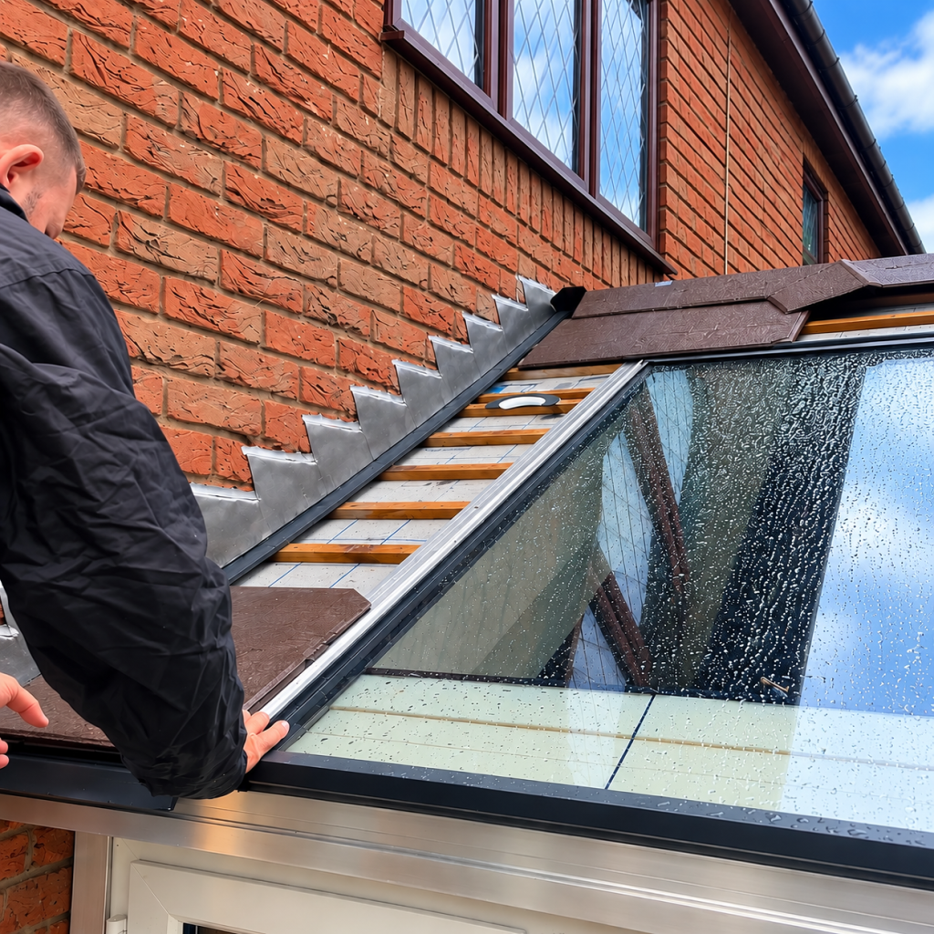 installer fitting a glazed conservatory roof panel against a brick house during a roof renovation.