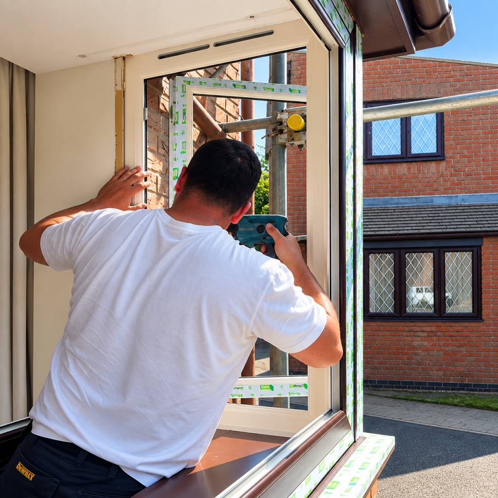 Window installer fitting a new uPVC window during a residential window replacement project.