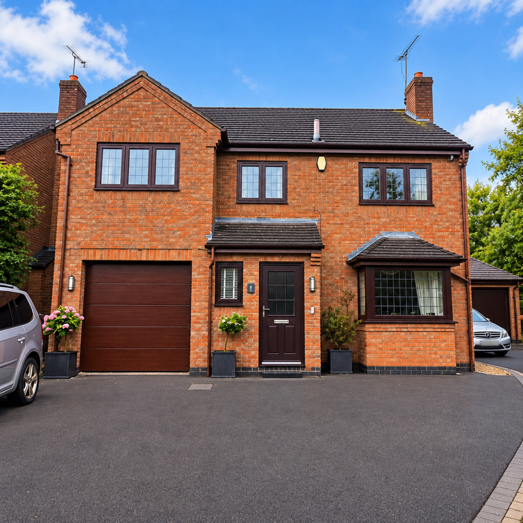 Brick detached house with brown-framed leaded windows, matching front door and garage, with a clean paved driveway and planted pots.